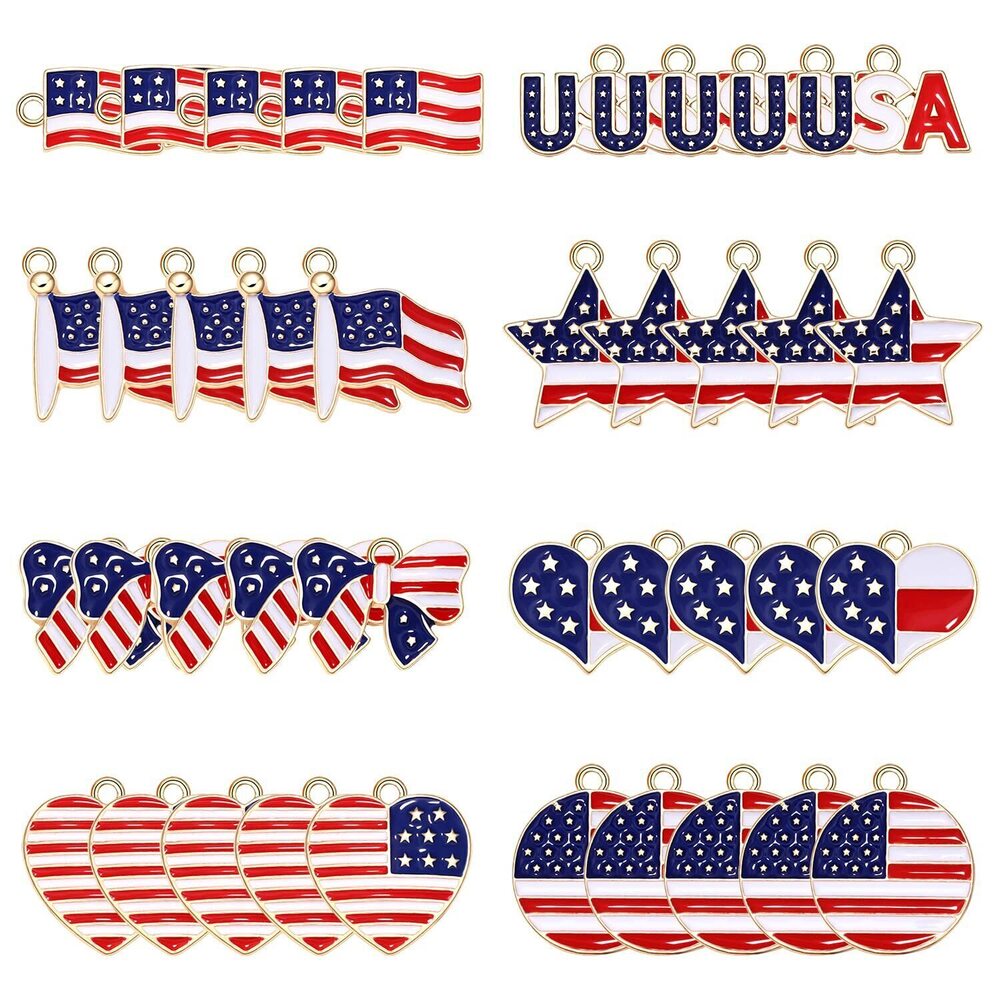 1621 40PCS American Flag Charms for Jewelry Making Enamel Patriotic Heart